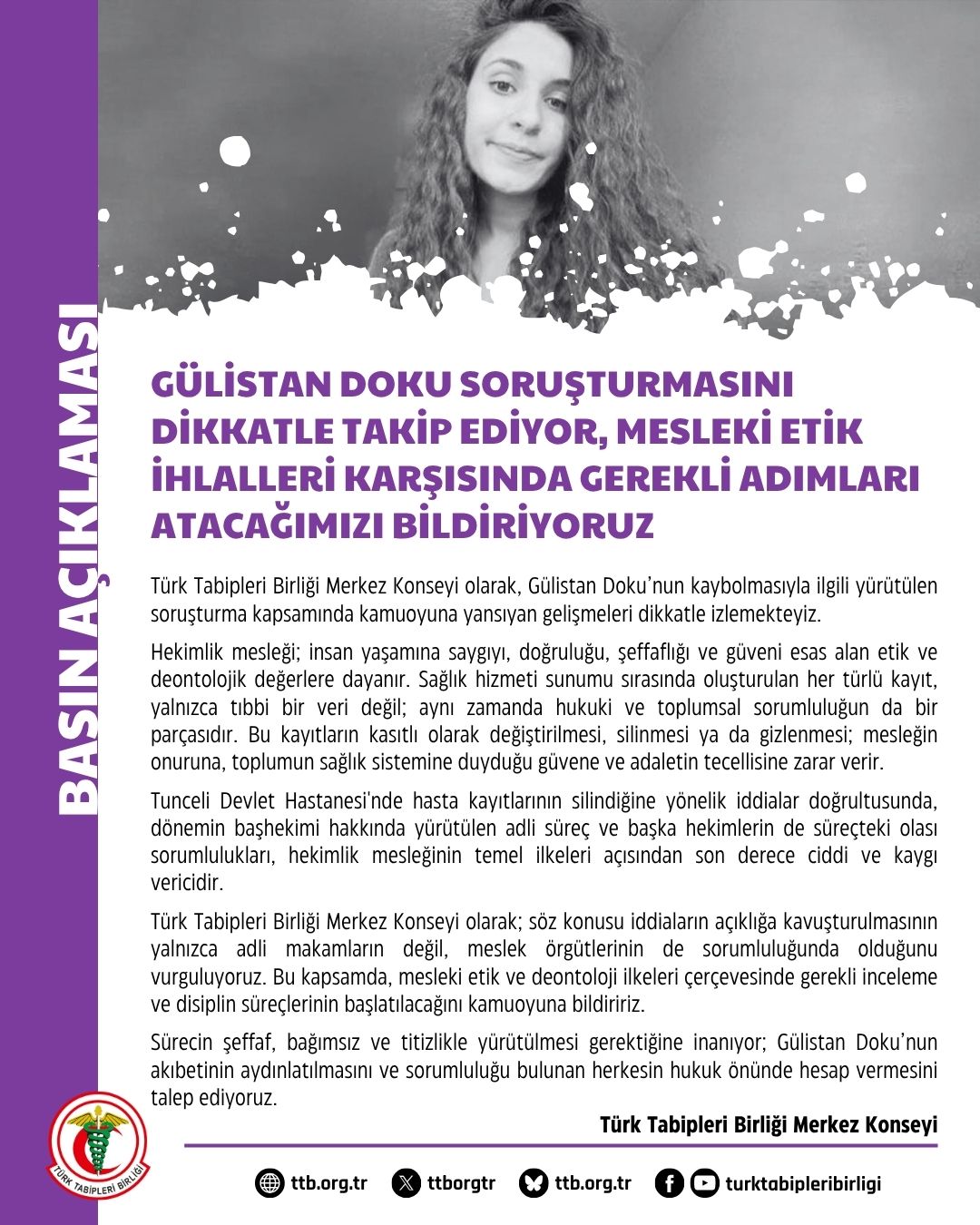 TTB’den Gülistan Doku Soruşturması Açıklaması “Mesleki Etik İhlallerine Karşı Gerekli Adımlar Atılacak”
